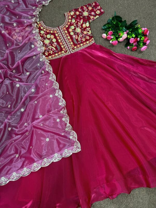 Designer Beautiful Heavy Embroidery Sequins Work Gown With Dupatta | Red - Image 3