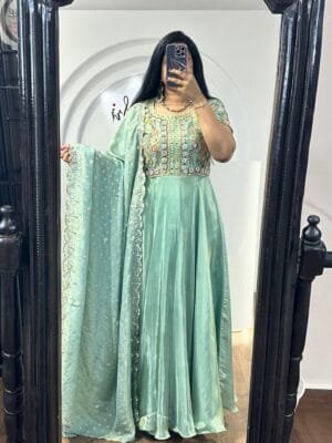Designer Beautiful Heavy Embroidery Sequins Work Gown With Dupatta | Green