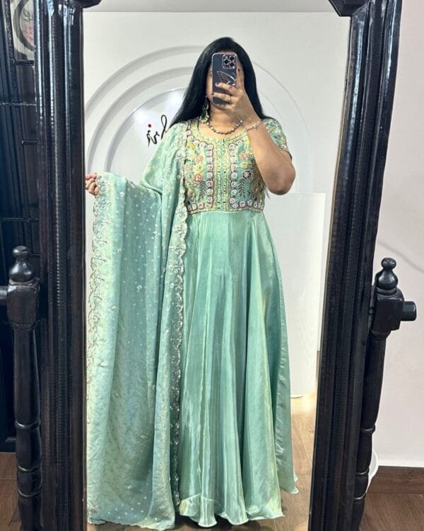 Designer Beautiful Heavy Embroidery Sequins Work Gown With Dupatta | Green