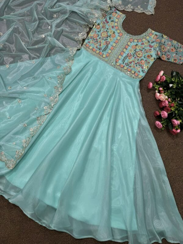 Designer Beautiful Heavy Embroidery Sequins Work Gown With Dupatta | Green - Image 2