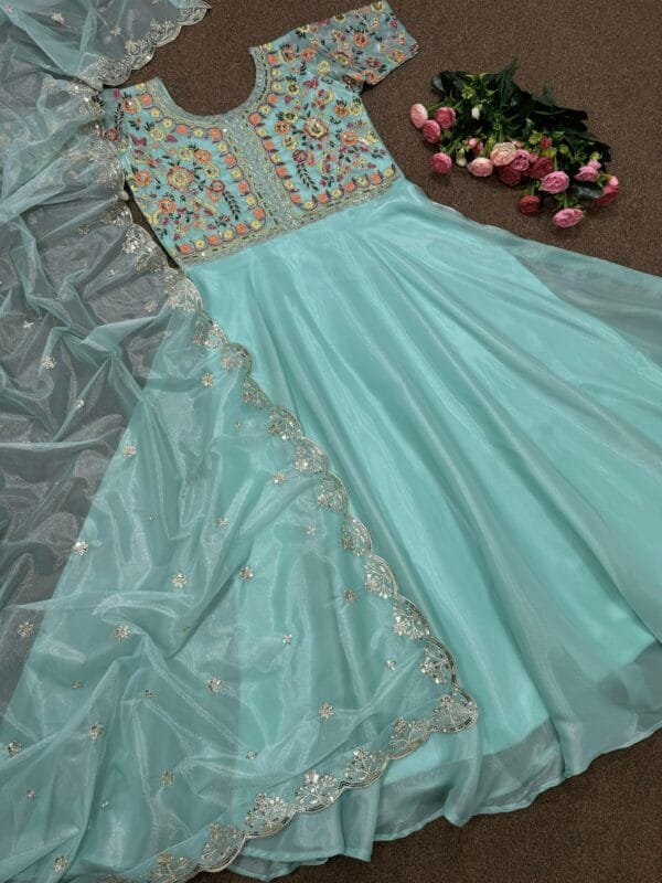 Designer Beautiful Heavy Embroidery Sequins Work Gown With Dupatta | Green - Image 4