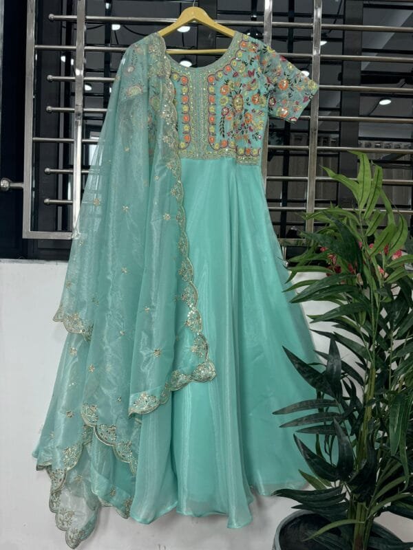Designer Beautiful Heavy Embroidery Sequins Work Gown With Dupatta | Green - Image 3