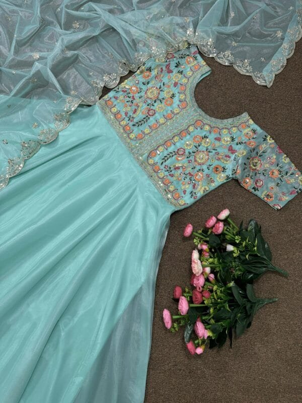 Designer Beautiful Heavy Embroidery Sequins Work Gown With Dupatta | Green - Image 5