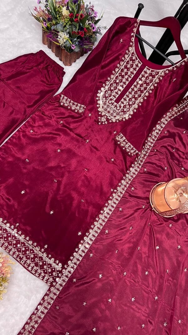 Fancy Kurti with Pant and Beautiful Dupatta | Red - Image 4