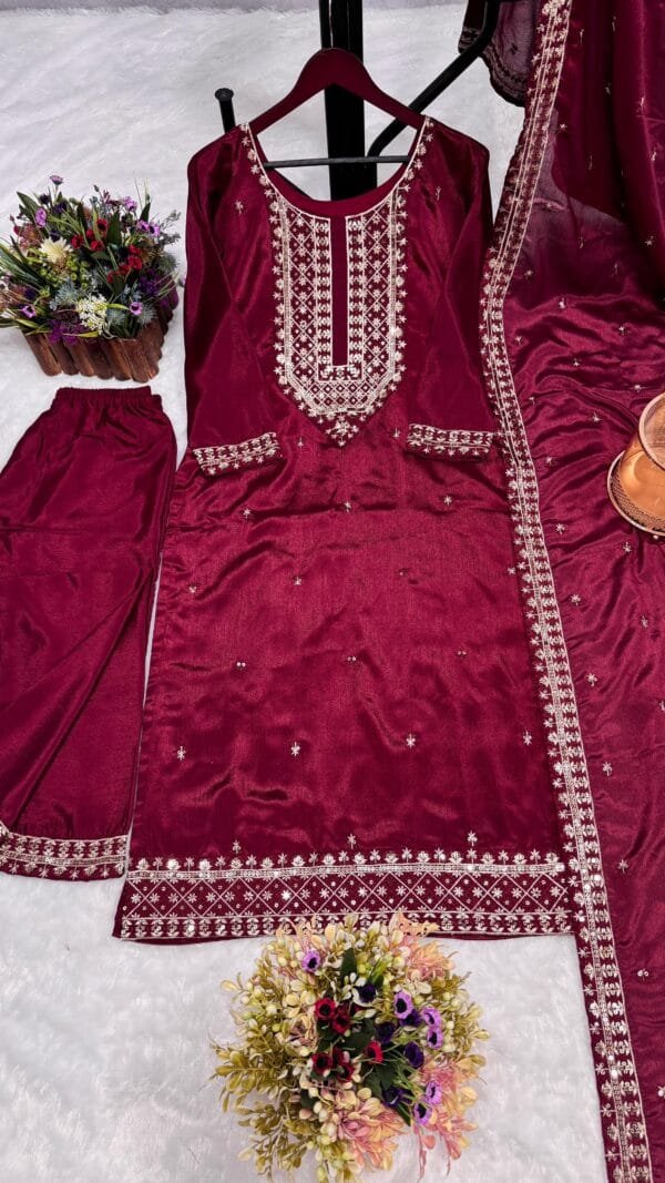 Fancy Kurti with Pant and Beautiful Dupatta | Red - Image 3