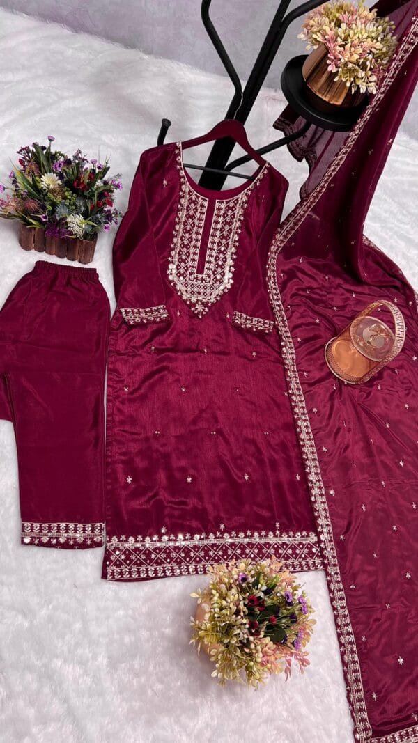Fancy Kurti with Pant and Beautiful Dupatta | Red - Image 5