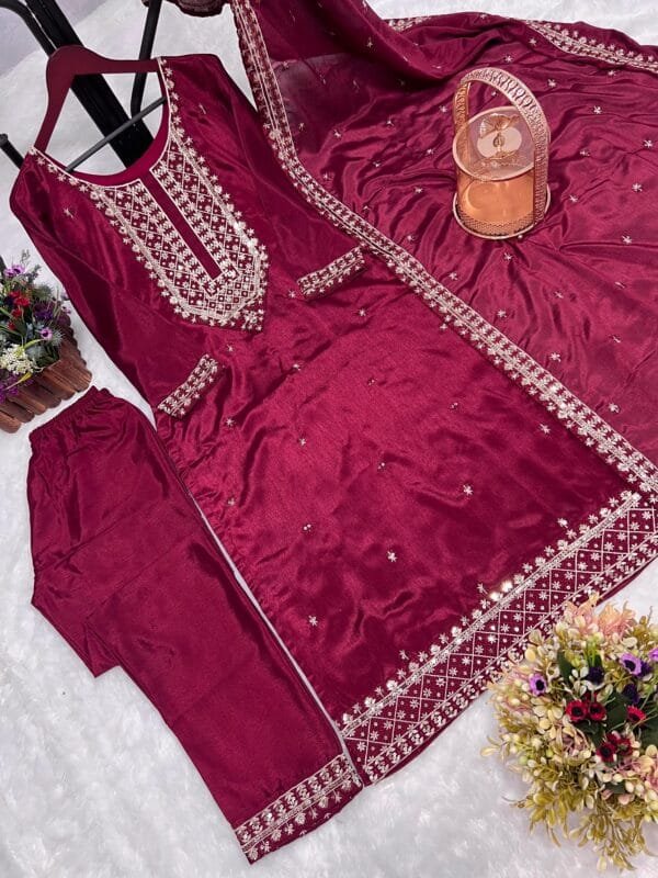 Fancy Kurti with Pant and Beautiful Dupatta | Red - Image 6
