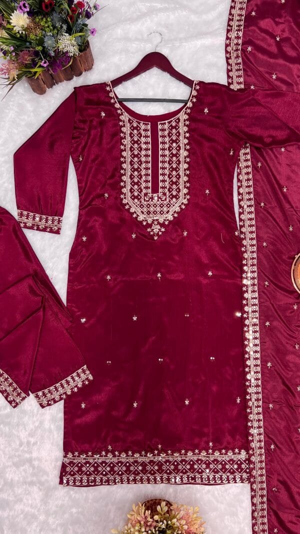 Fancy Kurti with Pant and Beautiful Dupatta | Red - Image 7