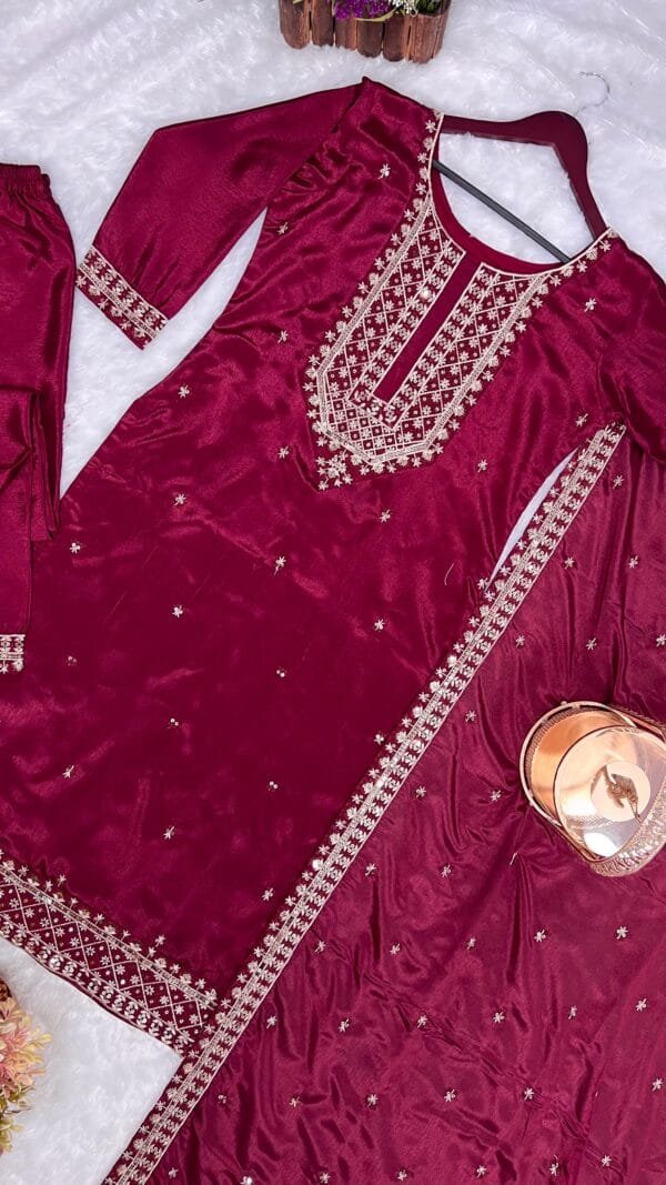 Fancy Kurti with Pant and Beautiful Dupatta | Red - Image 8