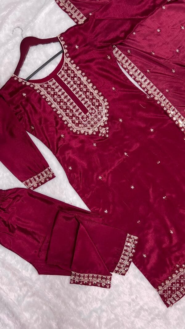 Fancy Kurti with Pant and Beautiful Dupatta | Red - Image 9