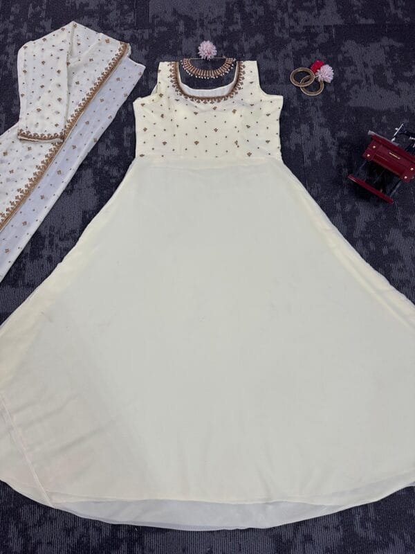 Faux Georgette Top with Thread and Sequins Work Shrug Set | White - Image 3
