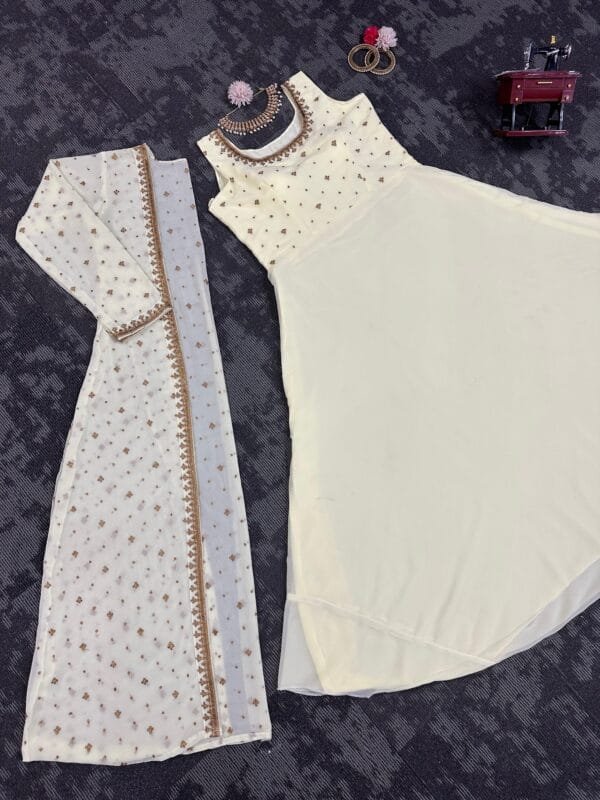 Faux Georgette Top with Thread and Sequins Work Shrug Set | White - Image 4