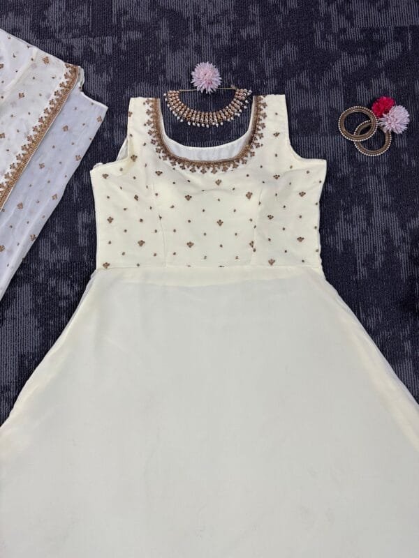 Faux Georgette Top with Thread and Sequins Work Shrug Set | White - Image 6