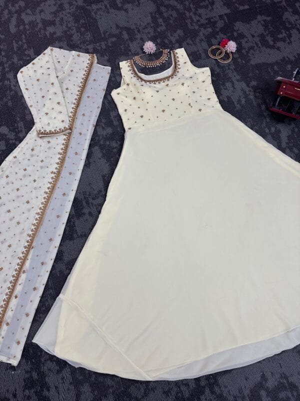 Faux Georgette Top with Thread and Sequins Work Shrug Set | White - Image 5