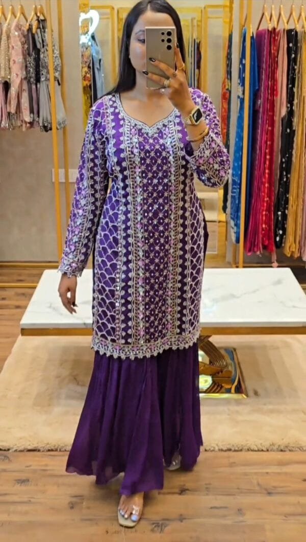 Exquisite Chinon Silk Top with Sharara with Thread Work and Sequins | Purple - Image 2