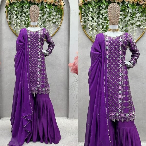 Exquisite Chinon Silk Top with Sharara with Thread Work and Sequins | Purple - Image 5