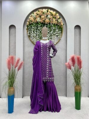 Exquisite Chinon Silk Top with Sharara with Thread Work and Sequins | Purple