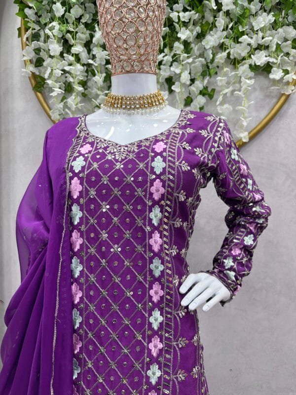 Exquisite Chinon Silk Top with Sharara with Thread Work and Sequins | Purple - Image 7
