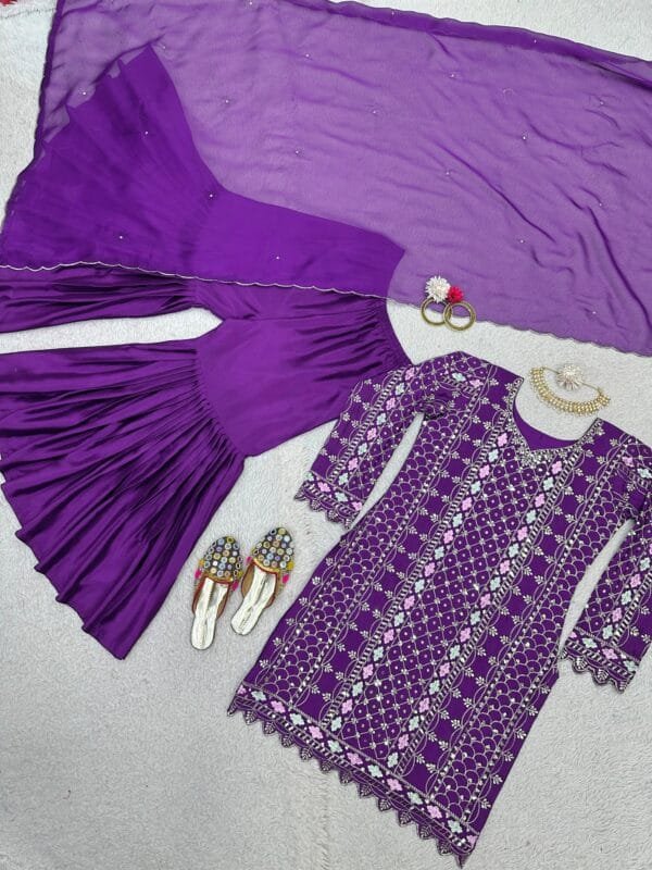 Exquisite Chinon Silk Top with Sharara with Thread Work and Sequins | Purple - Image 8