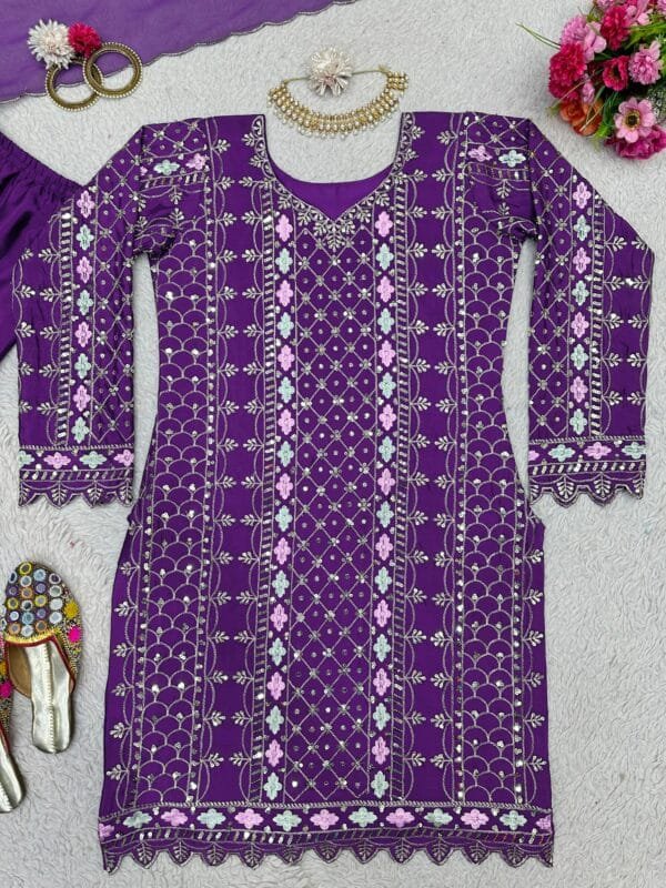 Exquisite Chinon Silk Top with Sharara with Thread Work and Sequins | Purple - Image 9