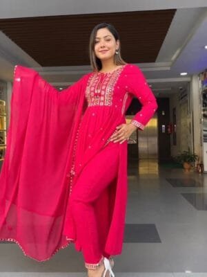 New Designer Party Wear Look Fancy Nyra Cut Top-Dupatta and Fully Stitched Bottom | Red