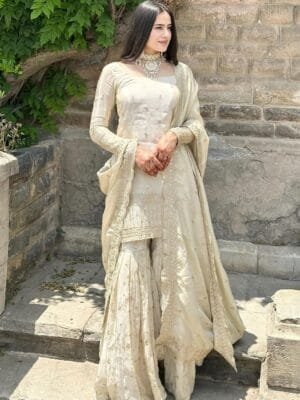 Pure Chinnon with Heavy Embroidery Sequence Work Top-Bottom and Dupatta Set | White