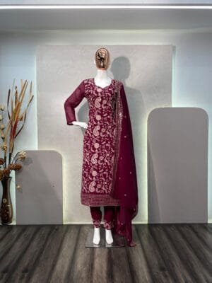 Designer Wear Trending Faux Georgette Top with Sequins Embroidery and Work Pant with Dupatta | Maroon