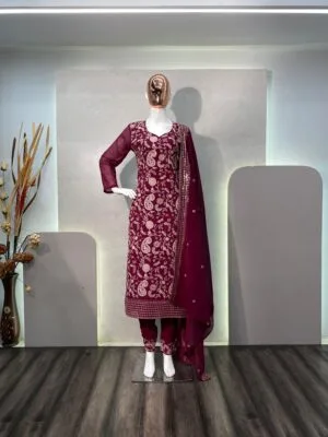 Designer Wear Trending Faux Georgette Top with Sequins Embroidery and Work Pant with Dupatta | Maroon
