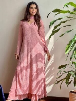 Trending Faux Georgette Top with Cotton Thread Embroidery and Pallazo with Dupatta | Pink