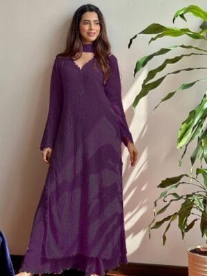 Trending Faux Georgette Top with Cotton Thread Embroidery and Pallazo with Dupatta | Dark Purple