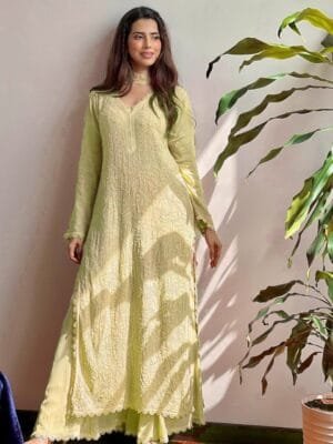 Trending Faux Georgette Top with Cotton Thread Embroidery and Pallazo with Dupatta | Yellow
