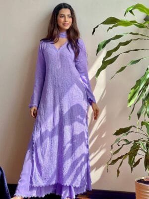 Trending Faux Georgette Top with Cotton Thread Embroidery and Pallazo with Dupatta | Purple