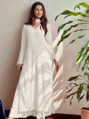 Trending Faux Georgette Top with Cotton Thread Embroidery and Pallazo with Dupatta | White