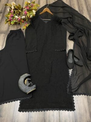 Trending Faux Georgette Top with Cotton Thread Embroidery and Pallazo with Dupatta | Black
