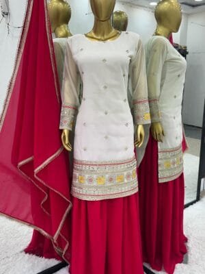 Faux Georgette with Heavy Embroidery Sequence Work Top-Bottom and Dupatta Set | White