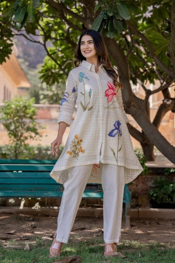Stylish Off-White Floral Cotton Co-Ord Set with Asymmetric Top & Elastic Waist Trousers - Image 2