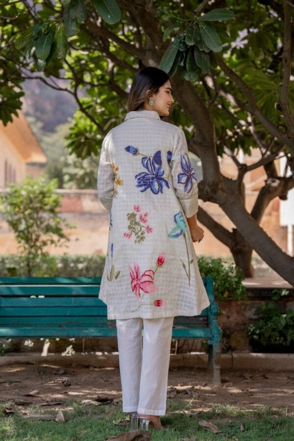 Stylish Off-White Floral Cotton Co-Ord Set with Asymmetric Top & Elastic Waist Trousers - Image 3