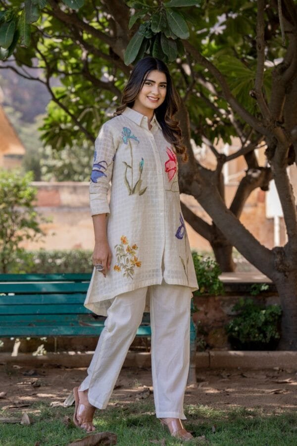 Stylish Off-White Floral Cotton Co-Ord Set with Asymmetric Top & Elastic Waist Trousers - Image 6