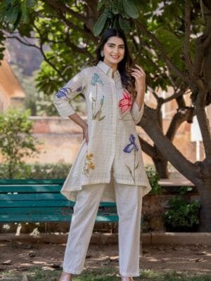 Stylish Off-White Floral Cotton Co-Ord Set with Asymmetric Top & Elastic Waist Trousers