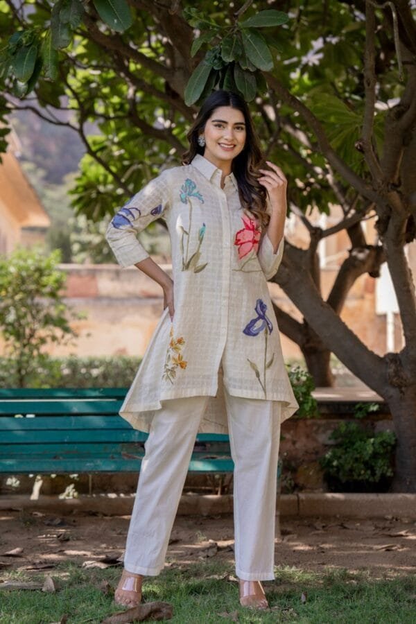 Stylish Off-White Floral Cotton Co-Ord Set with Asymmetric Top & Elastic Waist Trousers