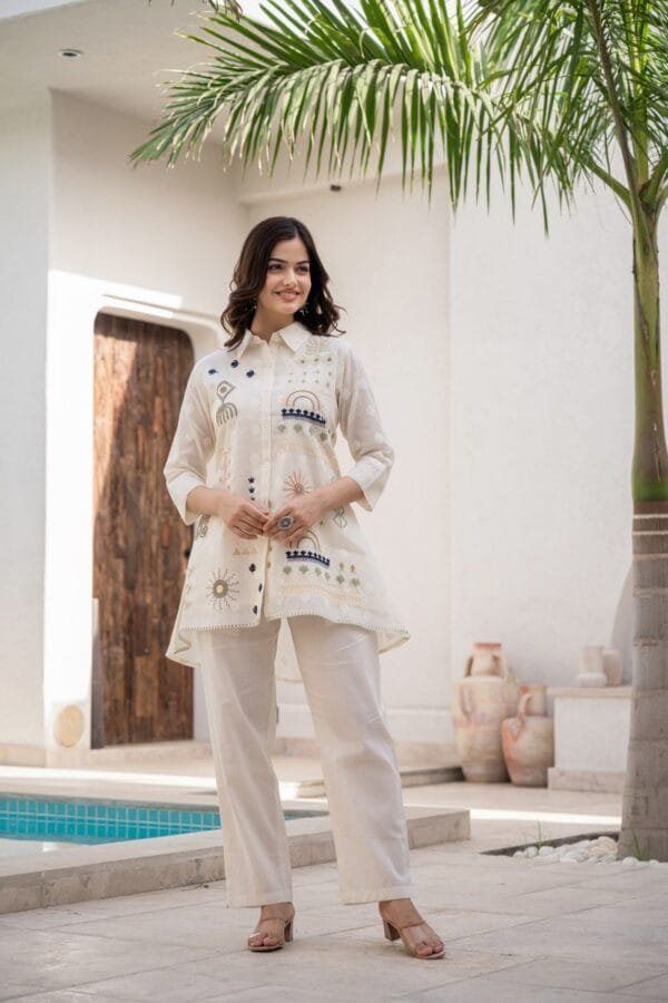 Pure Cotton Off-White Co-Ord Set with Floral Embroidery, Asymmetric Top, and Elasticated Trousers - Image 2