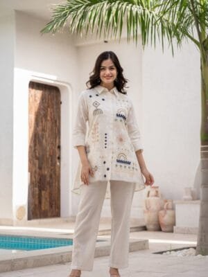 Pure Cotton Off-White Co-Ord Set with Floral Embroidery, Asymmetric Top, and Elasticated Trousers