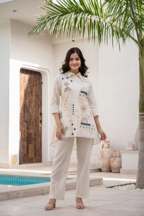 Pure Cotton Off-White Co-Ord Set with Floral Embroidery, Asymmetric Top, and Elasticated Trousers