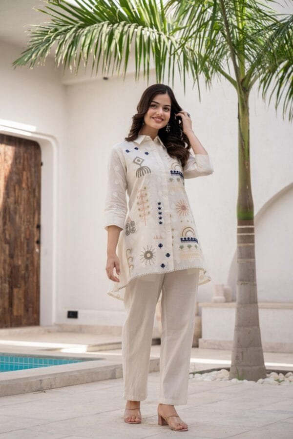 Pure Cotton Off-White Co-Ord Set with Floral Embroidery, Asymmetric Top, and Elasticated Trousers - Image 4