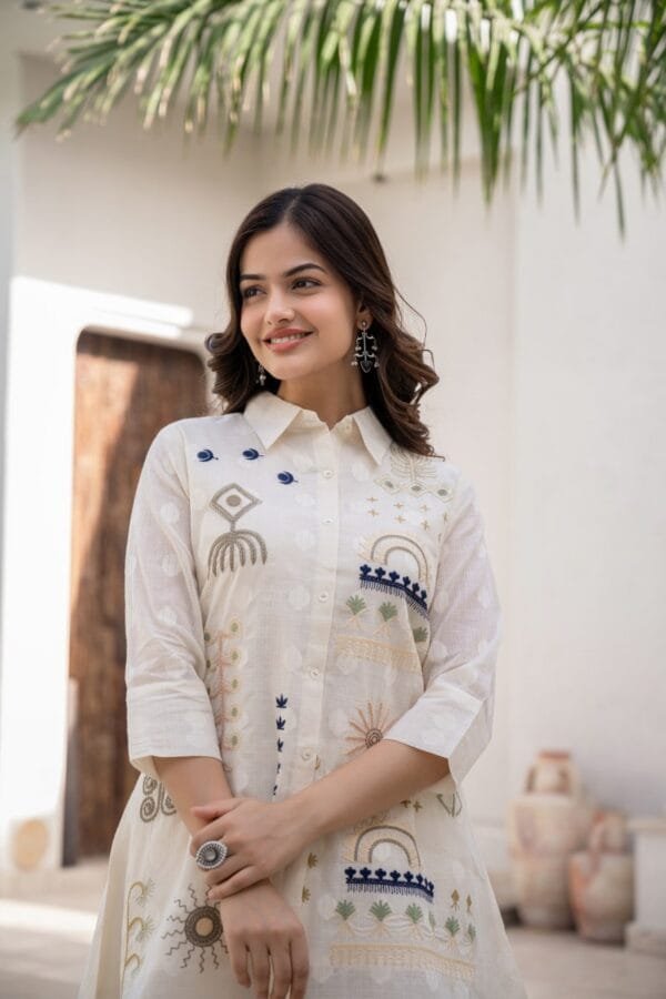 Pure Cotton Off-White Co-Ord Set with Floral Embroidery, Asymmetric Top, and Elasticated Trousers - Image 5