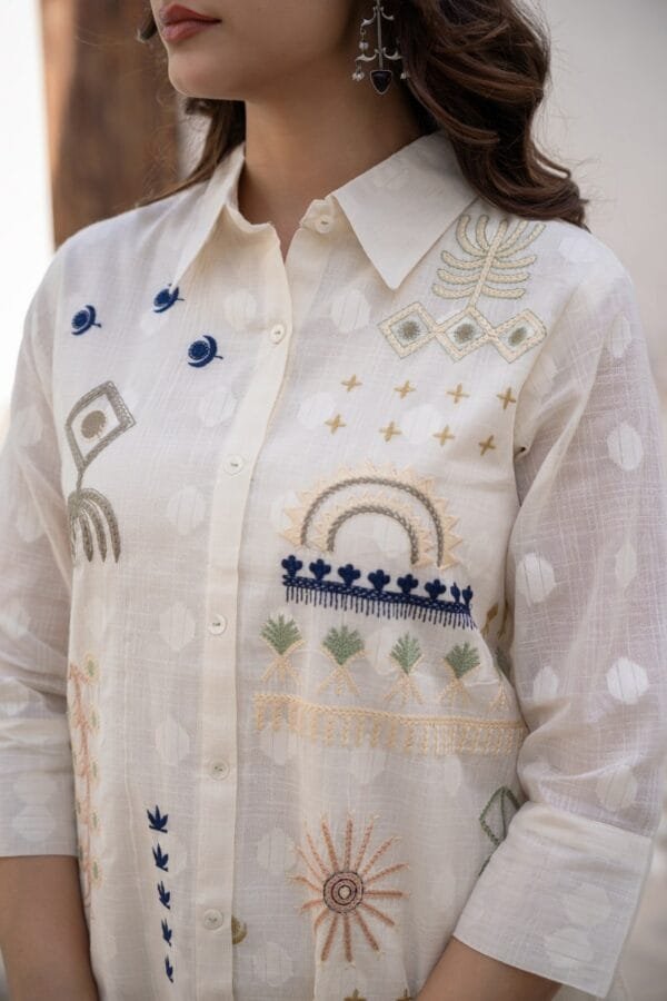 Pure Cotton Off-White Co-Ord Set with Floral Embroidery, Asymmetric Top, and Elasticated Trousers - Image 6