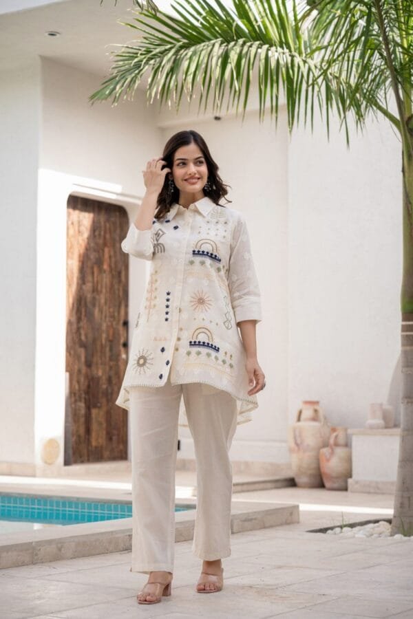 Pure Cotton Off-White Co-Ord Set with Floral Embroidery, Asymmetric Top, and Elasticated Trousers - Image 9