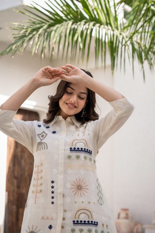 Pure Cotton Off-White Co-Ord Set with Floral Embroidery, Asymmetric Top, and Elasticated Trousers - Image 10