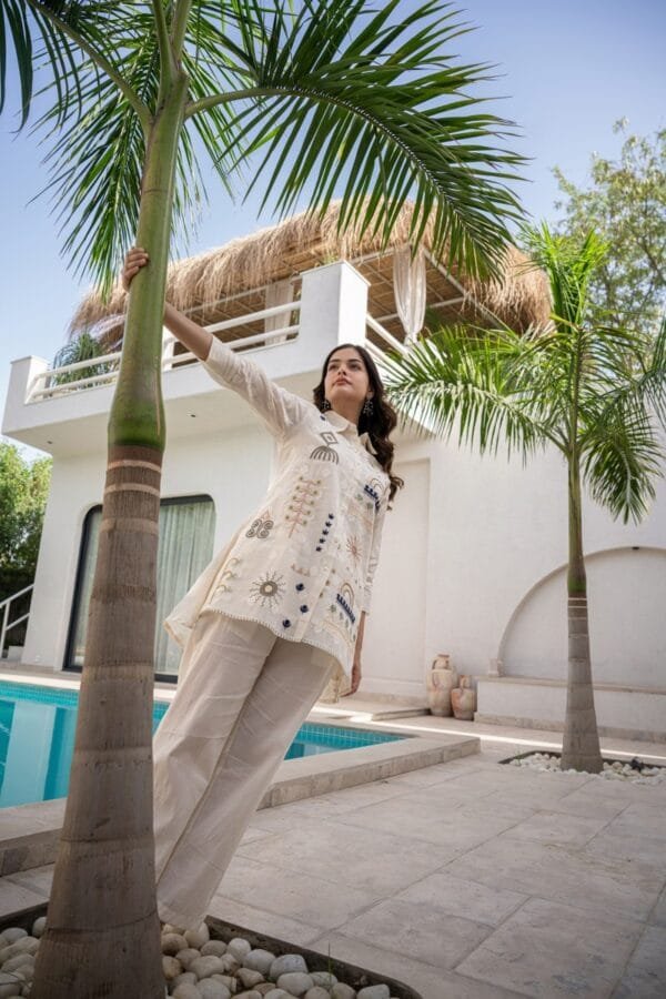 Pure Cotton Off-White Co-Ord Set with Floral Embroidery, Asymmetric Top, and Elasticated Trousers - Image 11