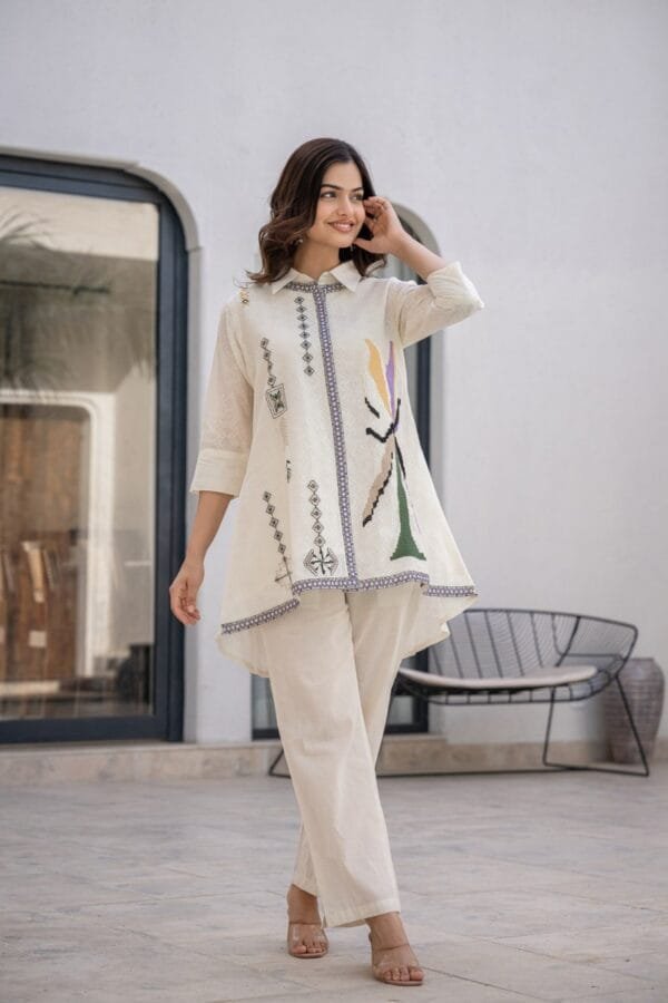 Embroidered Pure Cotton Off-White Co-Ord Set for Women with Asymmetric Top and Elasticated Trousers - Image 3
